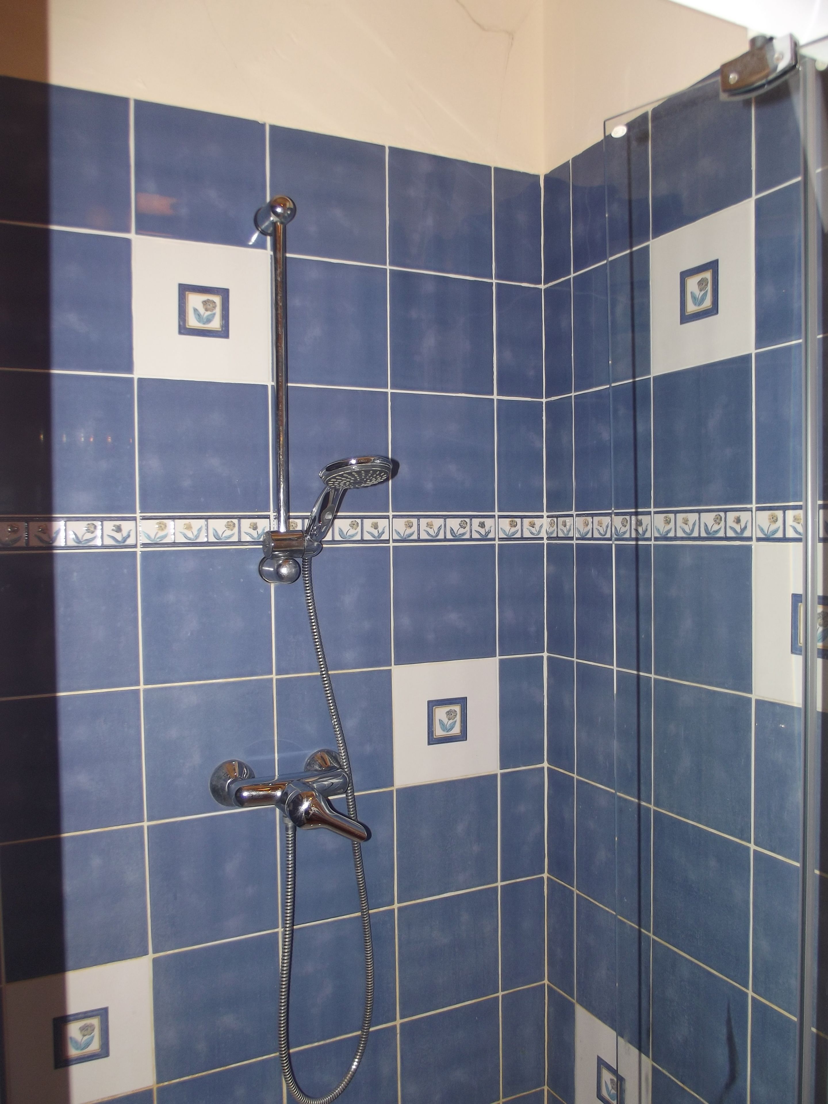 Une salle de bain avec des carreaux bleus et un espace douche.