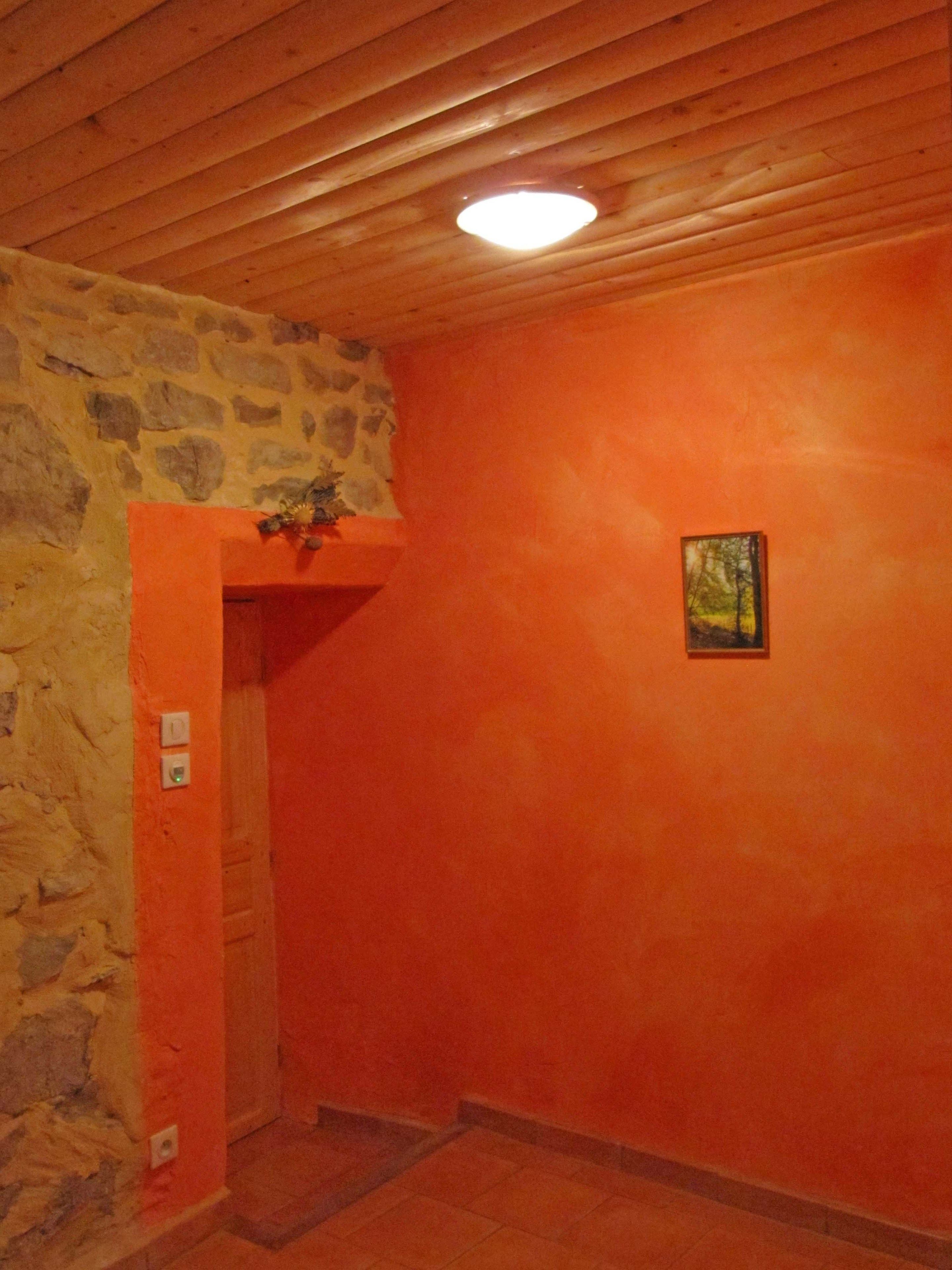 A room with a stone wall, an orange painted wall, a wooden ceiling, a door, and a small framed picture.