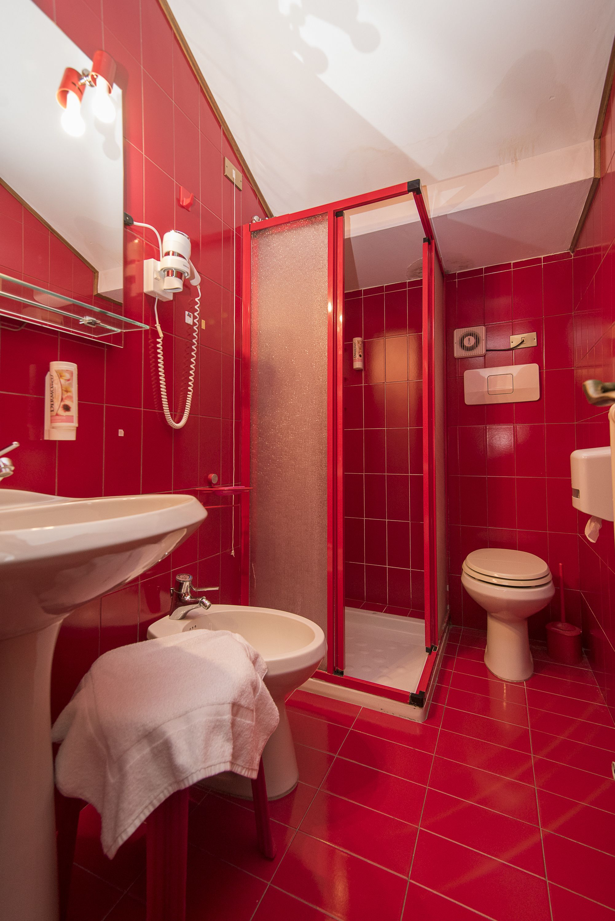 Ein Badezimmer mit roten Wänden, einem weißen Waschbecken, einer Toilette und einer Duschkabine.