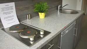 A kitchen with a granite countertop, stainless steel appliances, a sink, and a potted plant. - Komfort Apartments am Marktplatz (Bexbach)