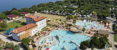 Seasonal outdoor pool, pool umbrellas, pool loungers