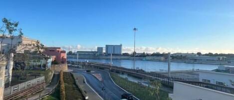 A view from a balcony overlooking a river with a bridge, a road, and some greenery.