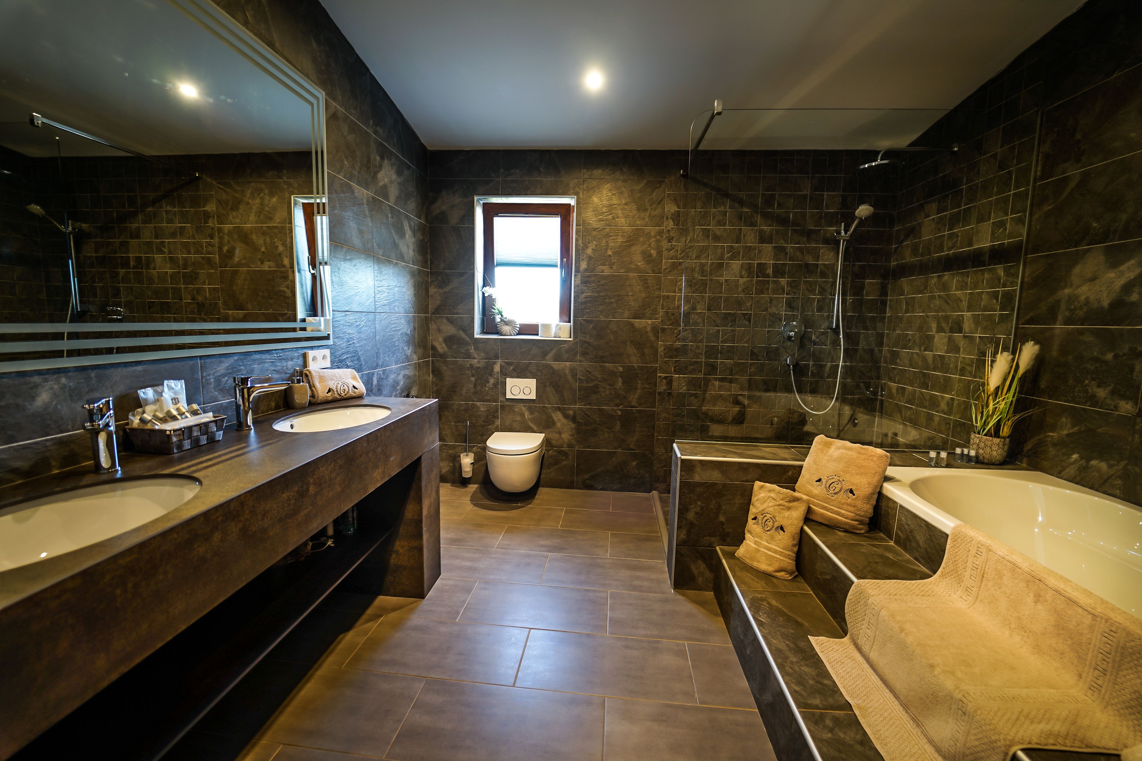Deep soaking tub, rainfall showerhead, free toiletries, hair dryer