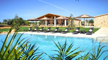 Outdoor pool, pool umbrellas, pool loungers