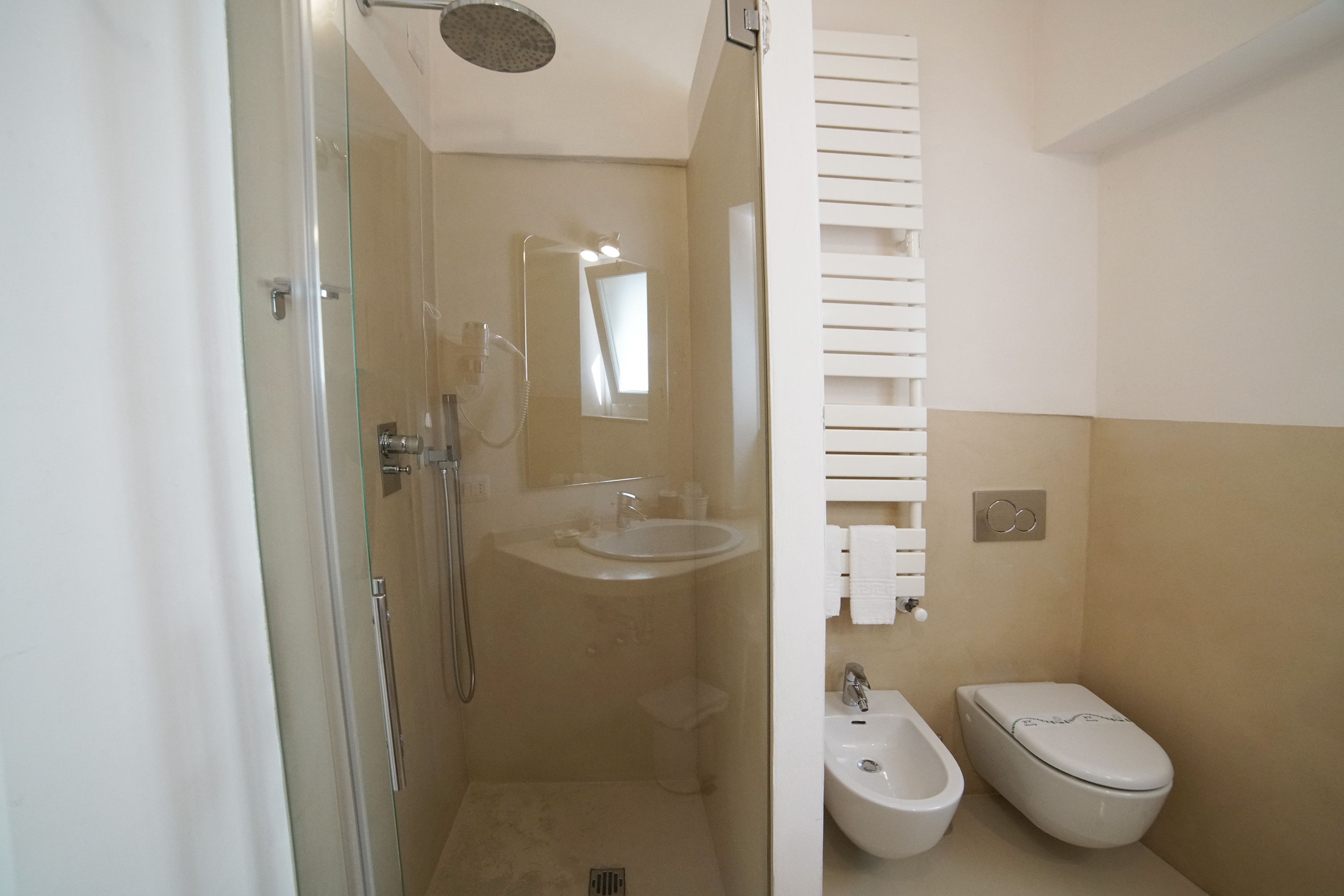 A compact bathroom with a glass-enclosed shower, a sink, a toilet, and a mirror.