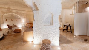 A modern interior with a stone wall, a sofa, a wooden stool, and a glass shower enclosure. - Il Belvedere (Matera)