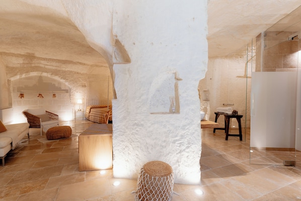 A modern interior with a stone wall, a sofa, a wooden stool, and a glass shower enclosure.