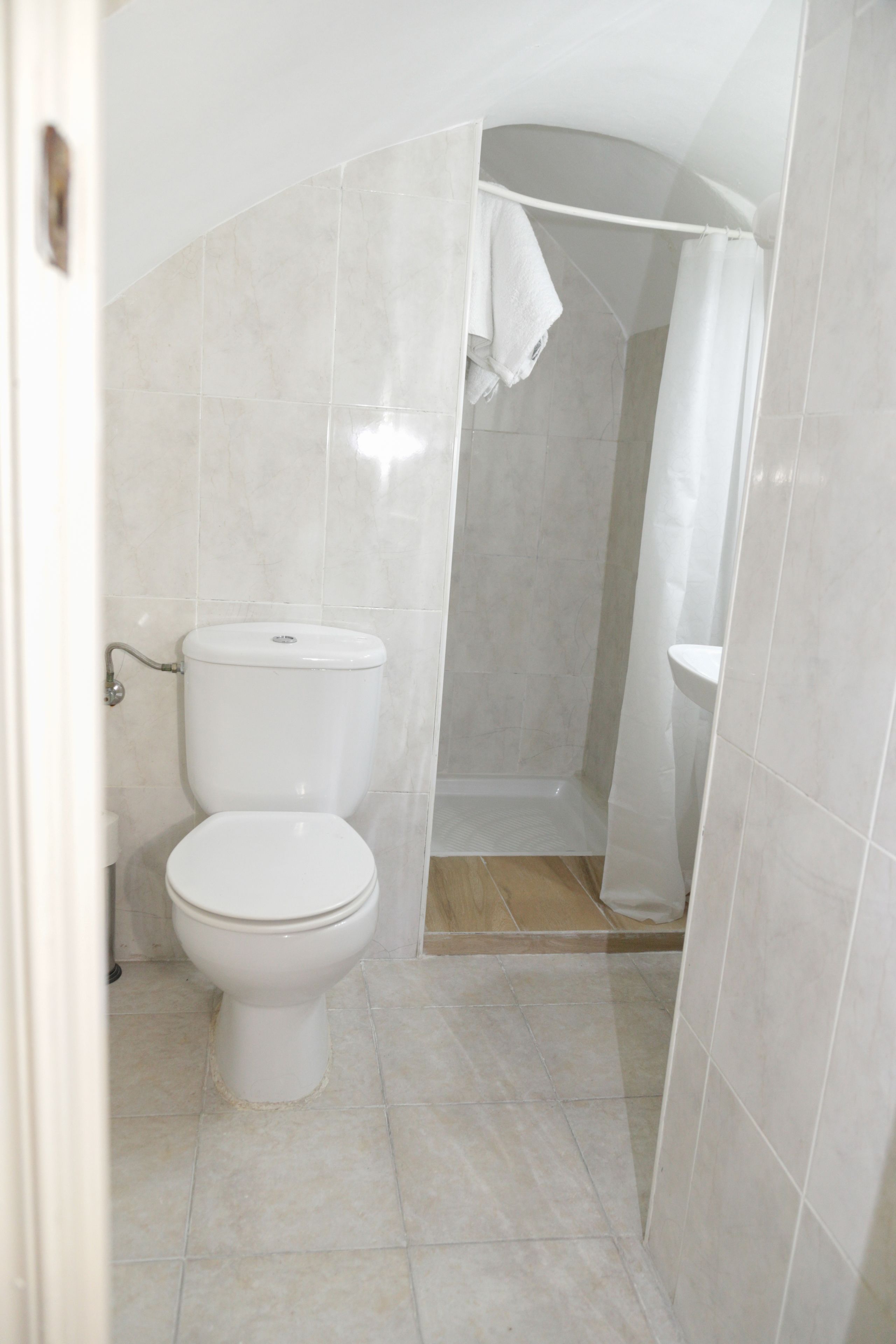 A bathroom with a toilet, a shower, and a sink.