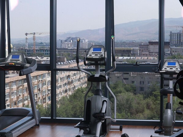A gym with cardio machines and a view of a cityscape through large windows. - Mercure Almaty City Center (Almaty)