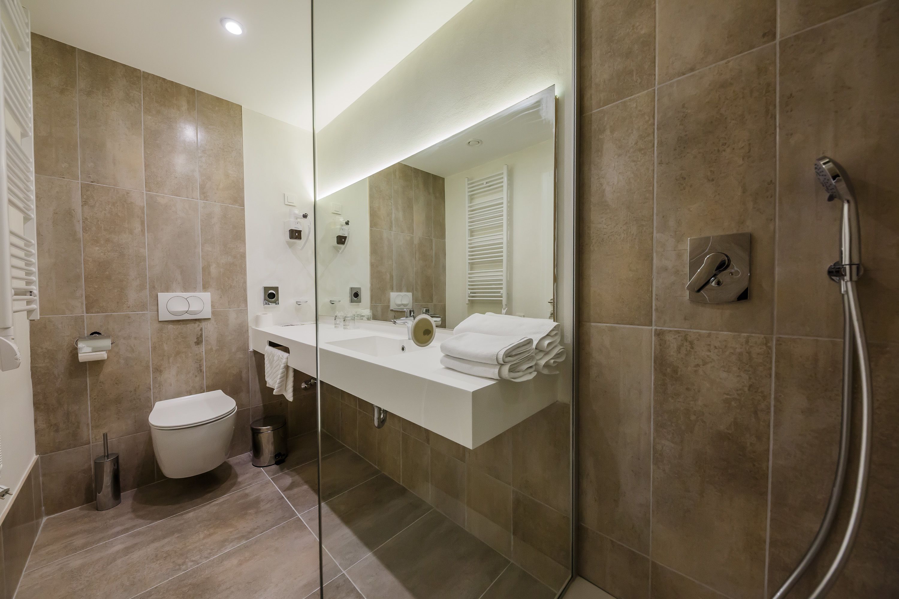 A modern bathroom with a glass shower enclosure, a white sink, and a toilet.