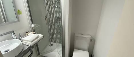 Une salle de bain avec une douche à parois de verre, des toilettes blanches et un lavabo avec un miroir au-dessus.