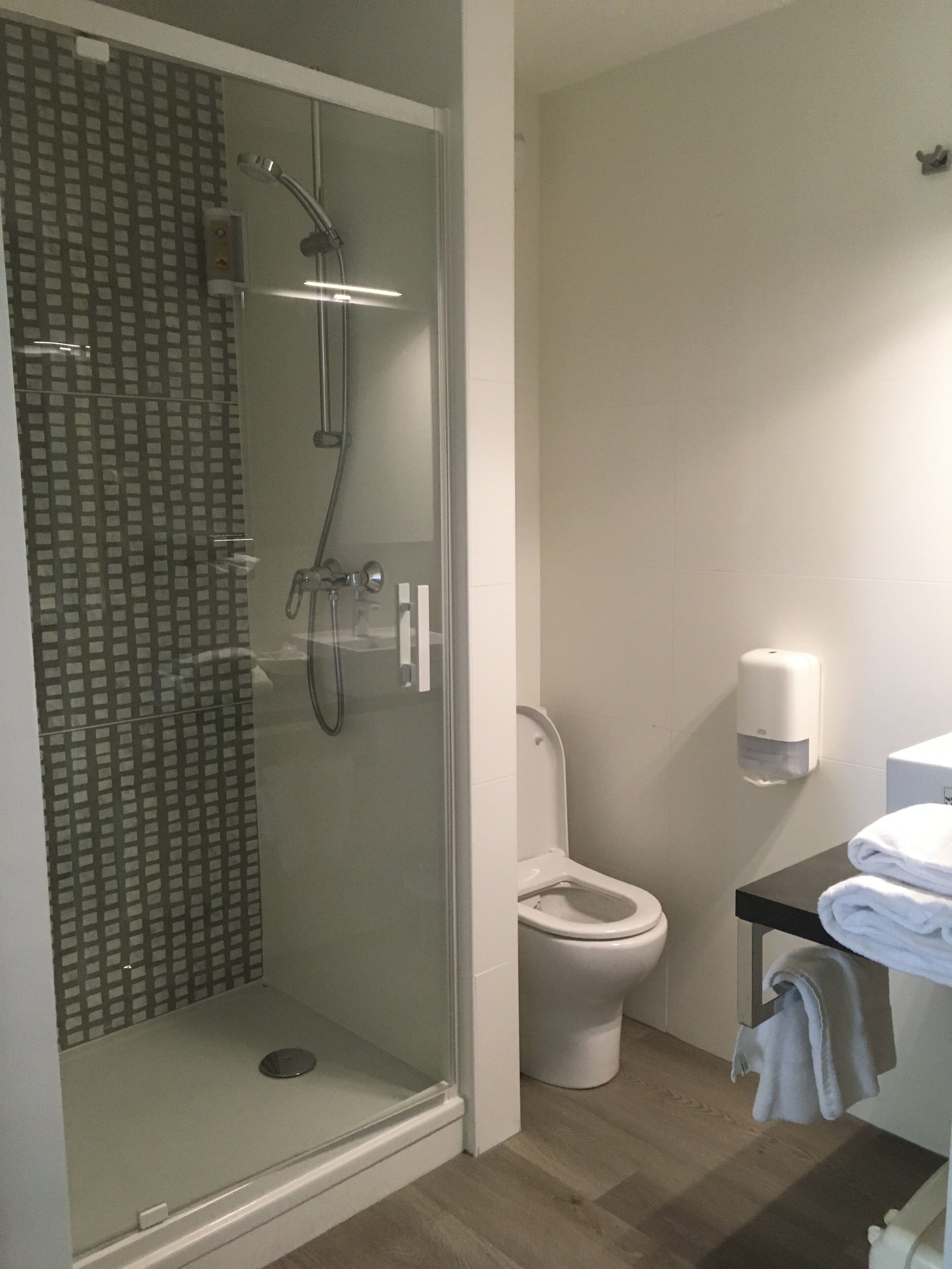 A modern bathroom with a glass-enclosed shower, a toilet, and a sink with a towel rack.