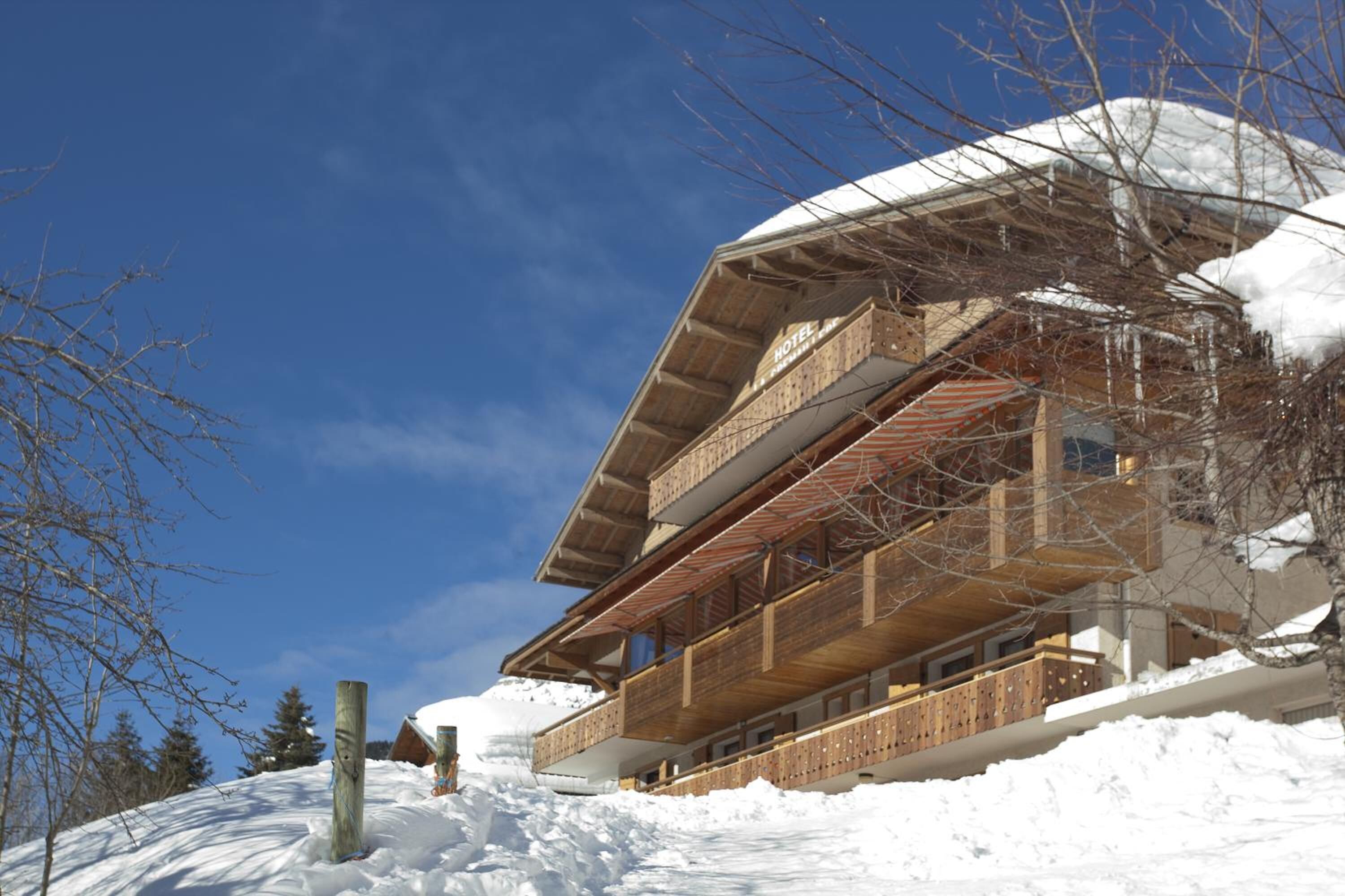 A multi-story wooden chalet with balconies, surrounded by snow.