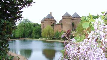 Un château historique doté de nombreuses tours, une rivière paisible au premier plan et une végétation luxuriante.