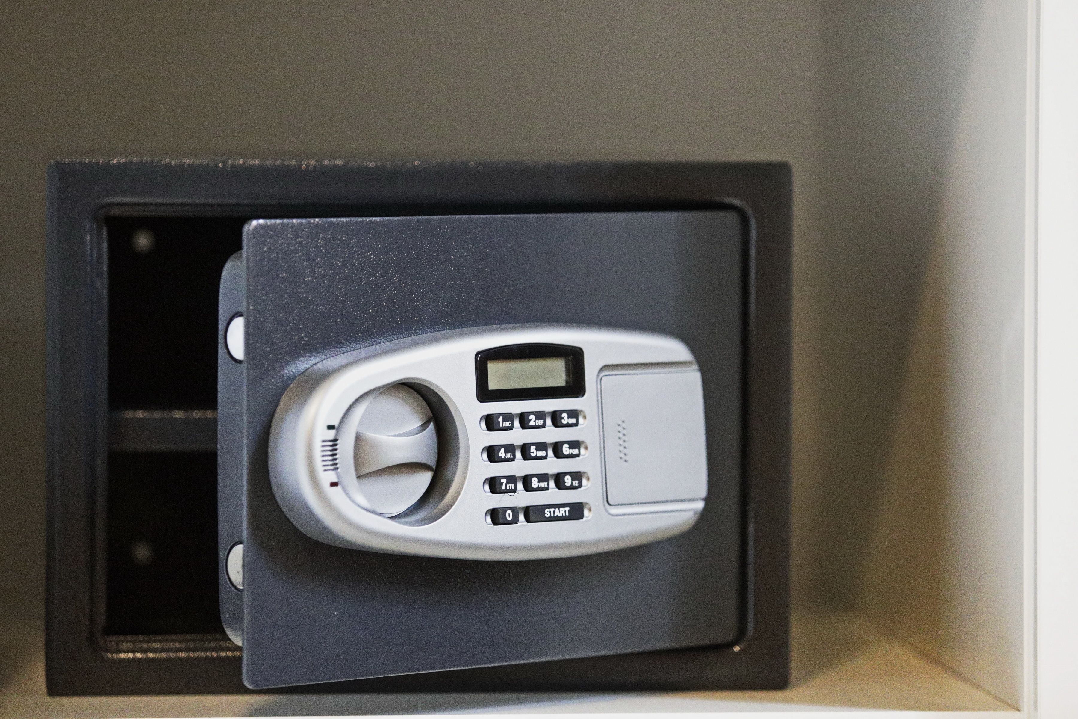 A safe deposit box with a keypad lock.