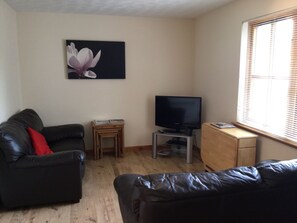 A living room with a black leather sofa, a red pillow, a television on a stand, and a wooden cabinet. - One bedroom Wyvis (Inverness)
