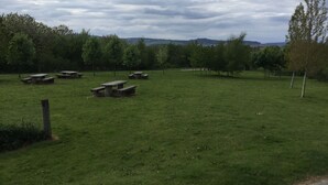 A grassy park with picnic tables and trees. - One bedroom Wyvis (Inverness)