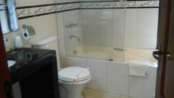Combined shower/bathtub, hair dryer, towels