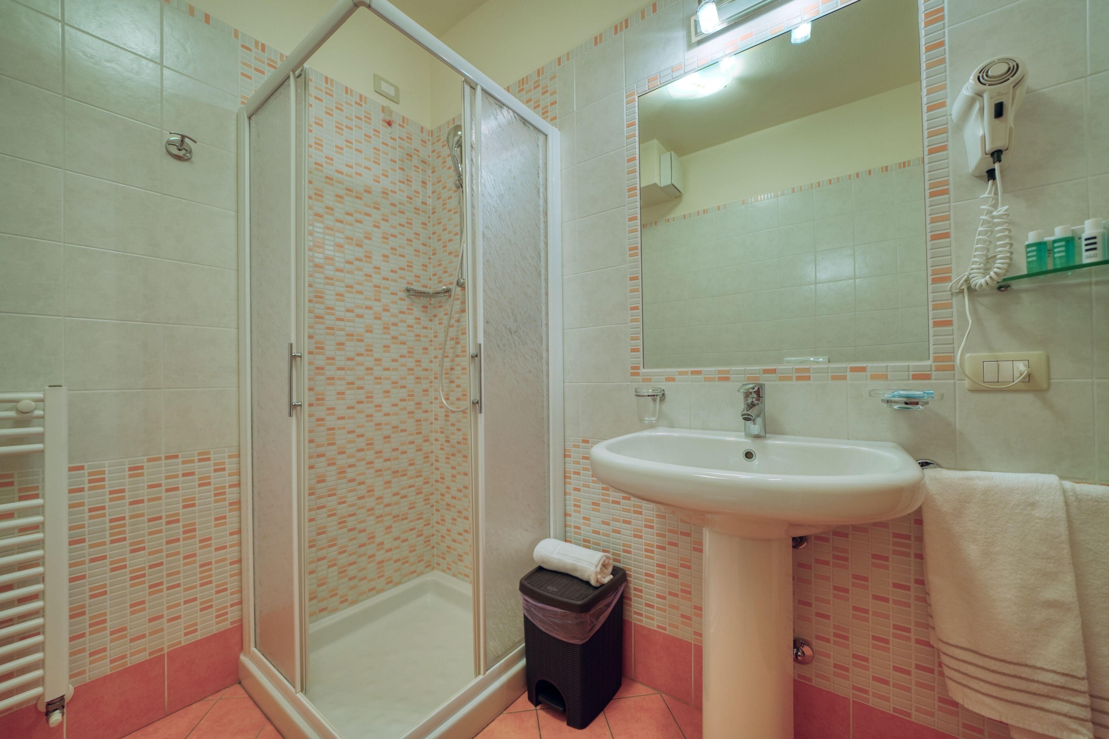 Een badkamer met douche, wastafel en spiegel.