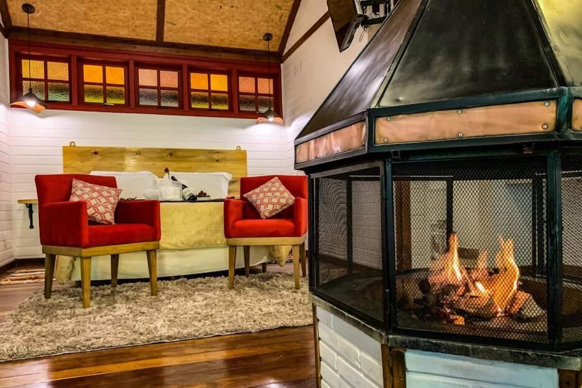 Une pièce chaleureuse avec une cheminée, un plancher en bois et un lit doté d’une tête de lit et de coussins recouverts d’un tissu rouge.