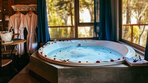A spa room with a large bathtub filled with water and rose petals, wooden walls, and a view of trees through large windows. - Pousada Solar d'Araucária (Gonçalves)