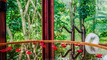 Uma fonte de bambu com superfície refletora, cercada por vegetação exuberante.