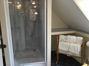Combined shower/tub, free toiletries, hair dryer, towels