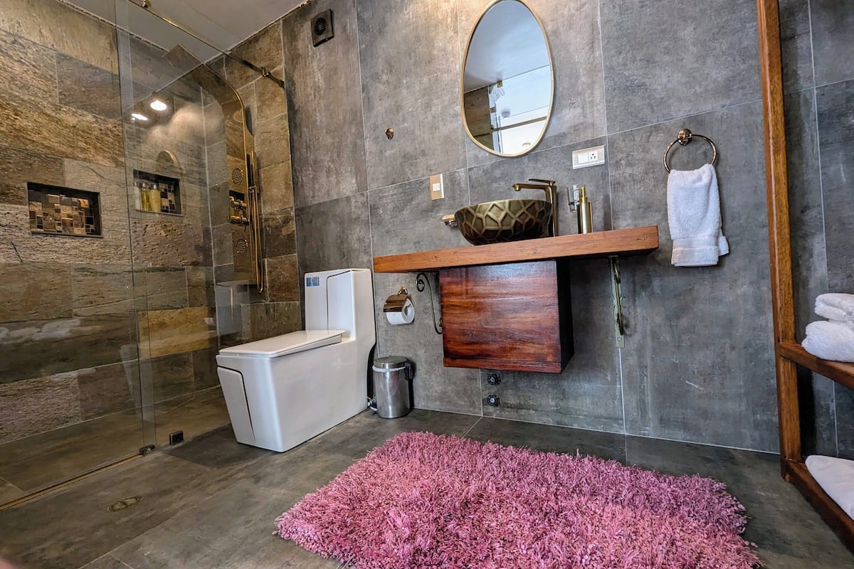 standard double room | bathroom | shower, free toiletries, hair dryer, towels