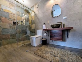 Shower, free toiletries, hair dryer, towels