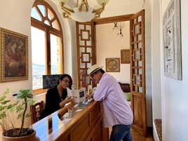 A reception desk with a wooden counter, a potted plant, and a framed picture on the wall.