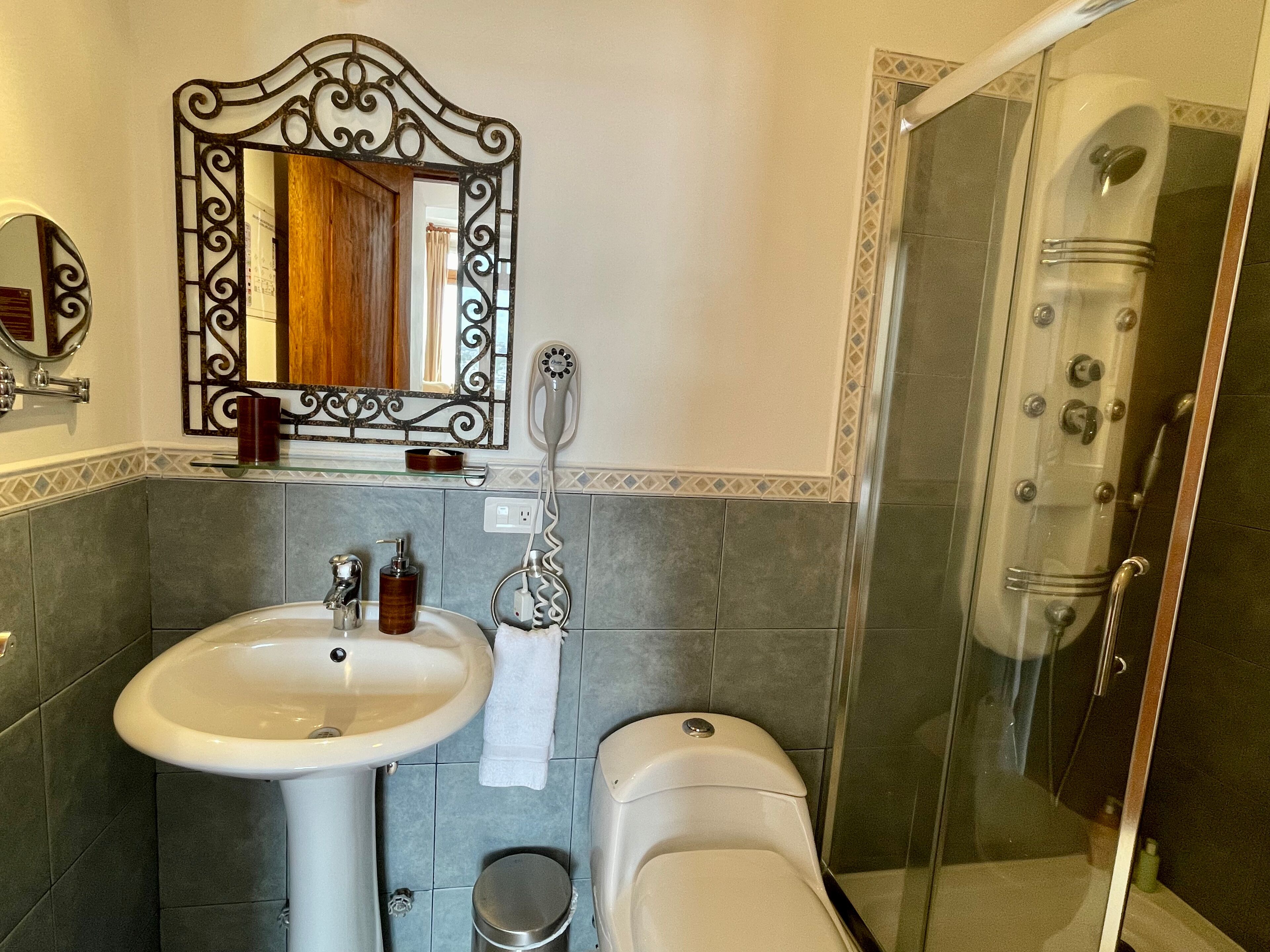A bathroom with a sink, mirror, toilet, and shower.