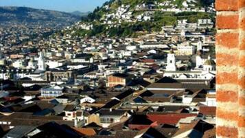 Vista panorámica de una zona urbana densamente poblada, con edificios y una colina con una torre al fondo.