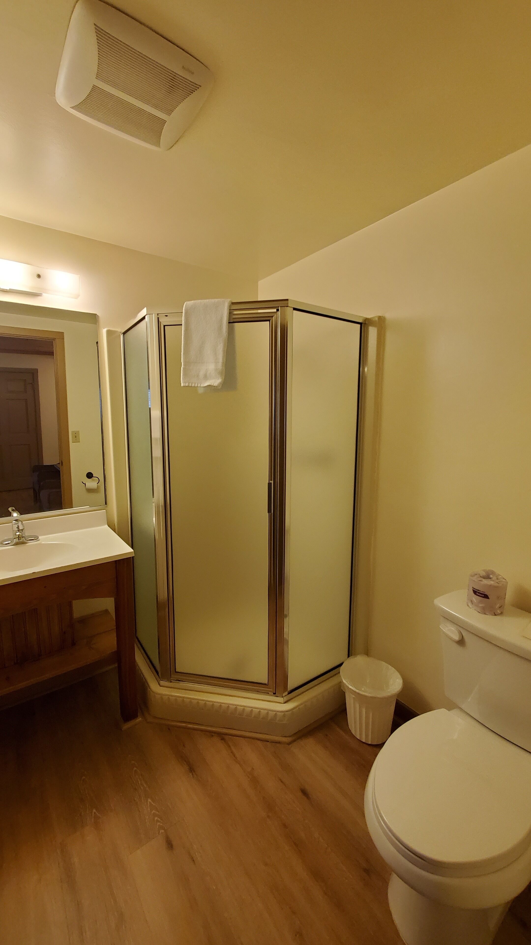 Baño con ducha, inodoro, lavabo y espejo.