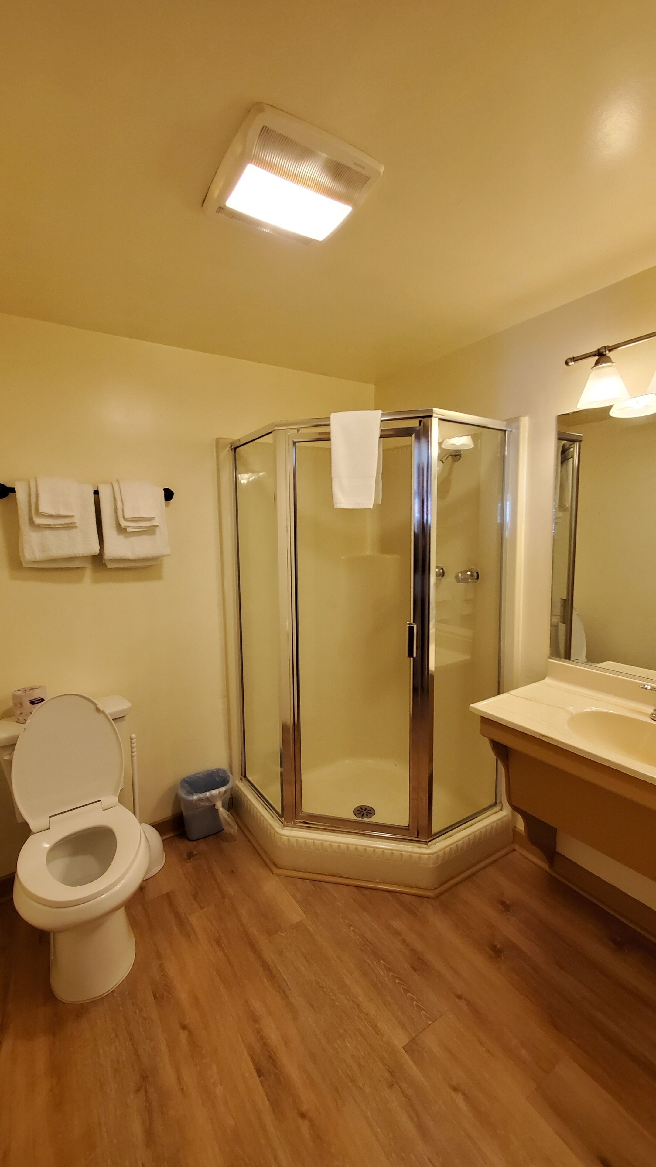 Ein Badezimmer mit Duschkabine, Toilette und Waschbecken mit Spiegel.