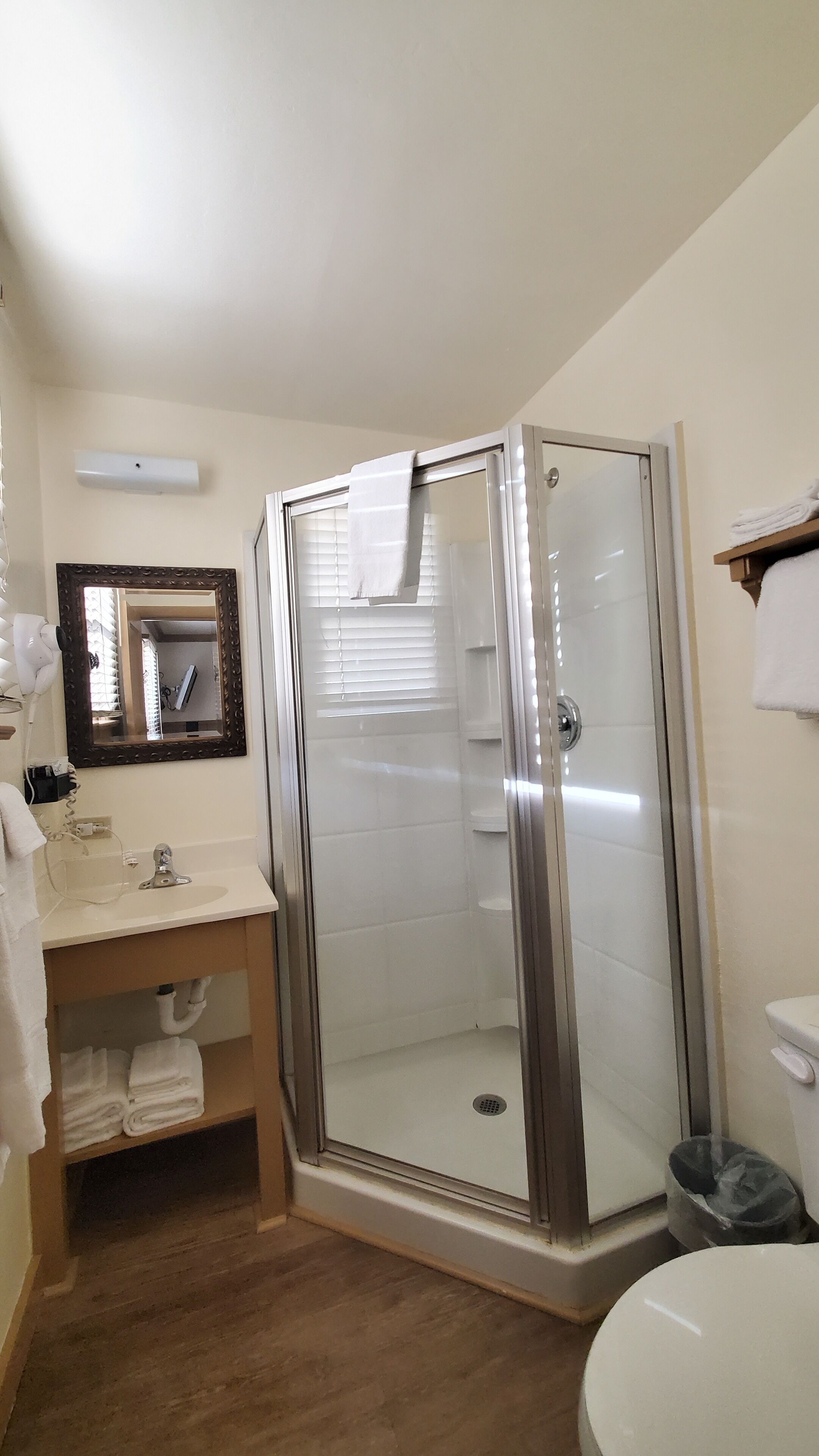 Ein Badezimmer mit Duschkabine, Waschtisch mit Spiegel und Toilette.