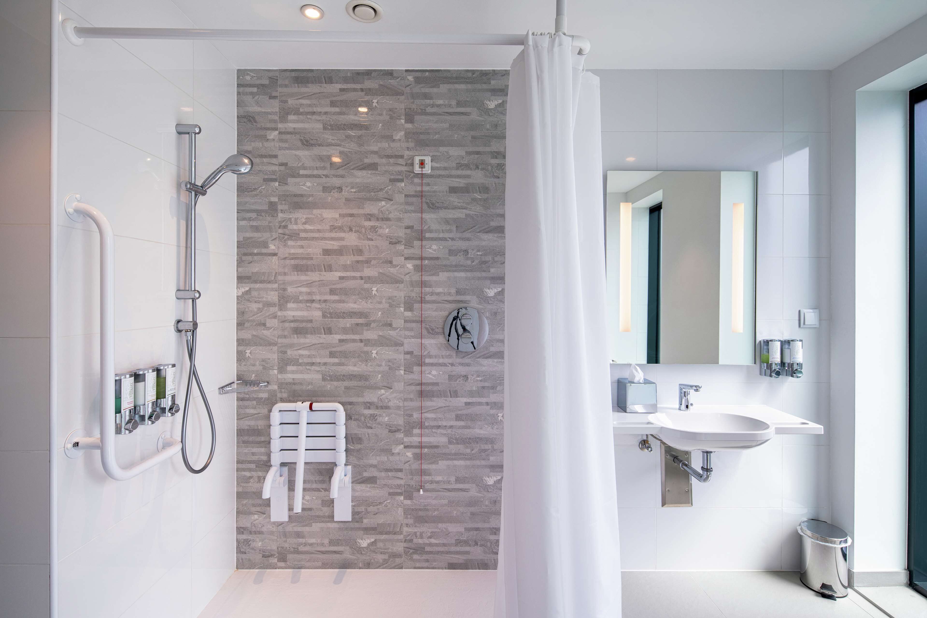 room, 1 queen bed, accessible | bathroom shower