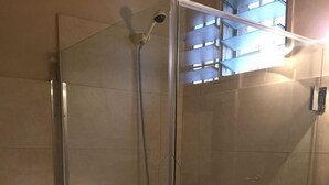 Une cabine de douche fermée par des parois en verre, dotée d’un pommeau de douche à main, d’un robinet mural et d’une petite étagère.