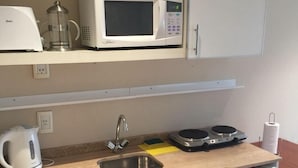 Une petite cuisine équipée avec un four à micro-ondes, une bouilloire, un évier et un lave-vaisselle compact.