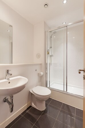 Combined shower/tub, free toiletries, hair dryer, towels