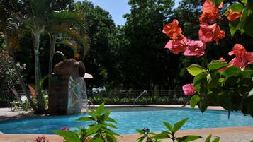 Piscine extérieure, parasols de plage, chaises longues