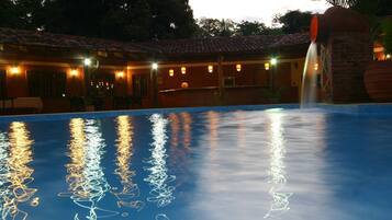 Outdoor pool, pool umbrellas, sun loungers