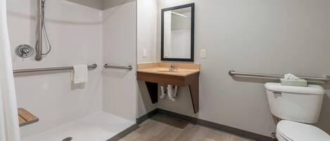 A modern bathroom with a shower, sink, and toilet.