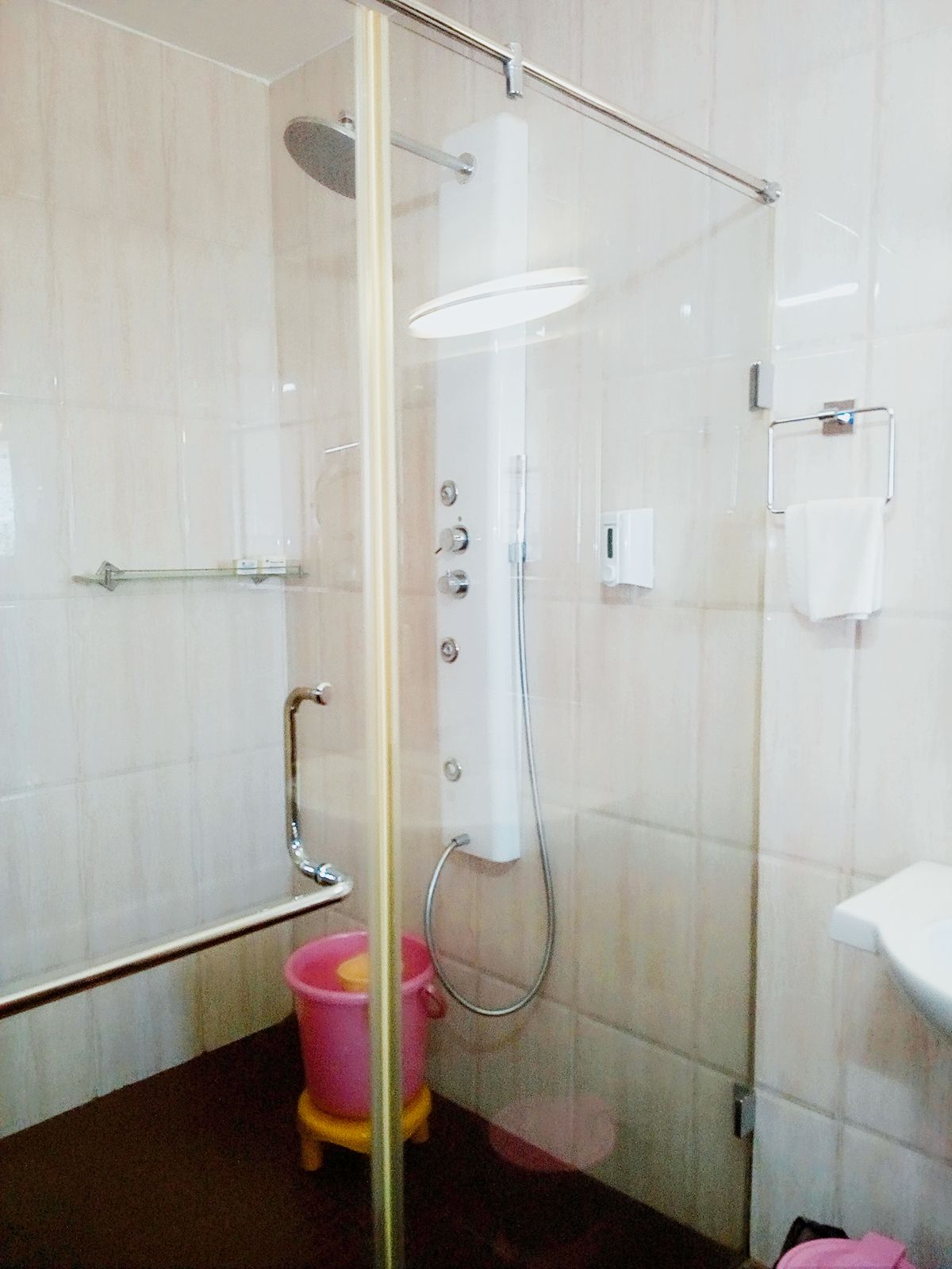 A shower with a glass door, a handrail, and a wall-mounted towel rack.