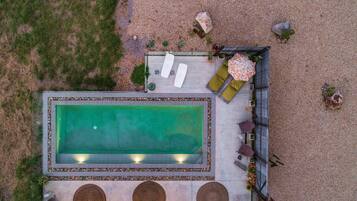 Vista aérea de un área de piscina en la azotea, con una piscina rectangular, dos sillones de descanso, una mesa pequeña con un paraguas estampado y plantas alrededor.