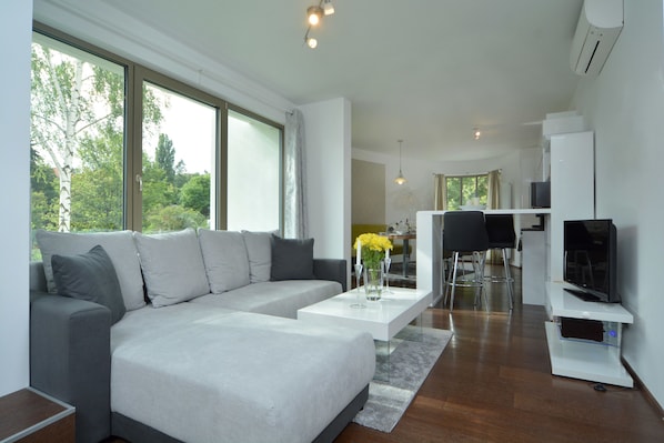 Leilighet – city | Oppholdsrom | Flatskjerm-TV og peis