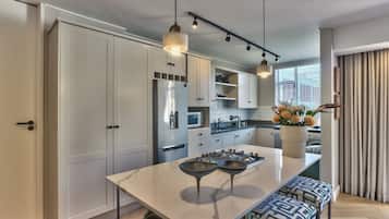 City Apartment, 1 King Bed with Sofa bed, Accessible | Private kitchen | Fridge, microwave, oven, stovetop