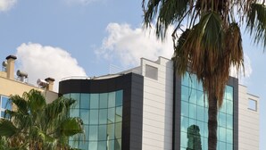 A modern building with reflective glass windows and a palm tree in the foreground. - Arkk Homes (Antalya)