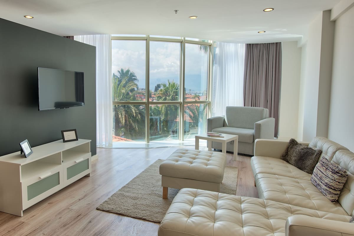 A modern living room with a flat-screen TV, a sofa, a chair, and a large window offering a view of palm trees and a cityscape.