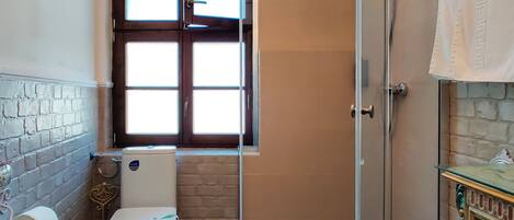 A bathroom with a toilet, a glass shower enclosure, and a window.