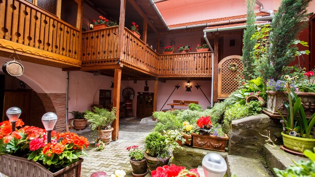 A courtyard with wooden balconies, potted plants, and a stone pathway. - La Teo Pensiune si Pivnita (Sighisoara)